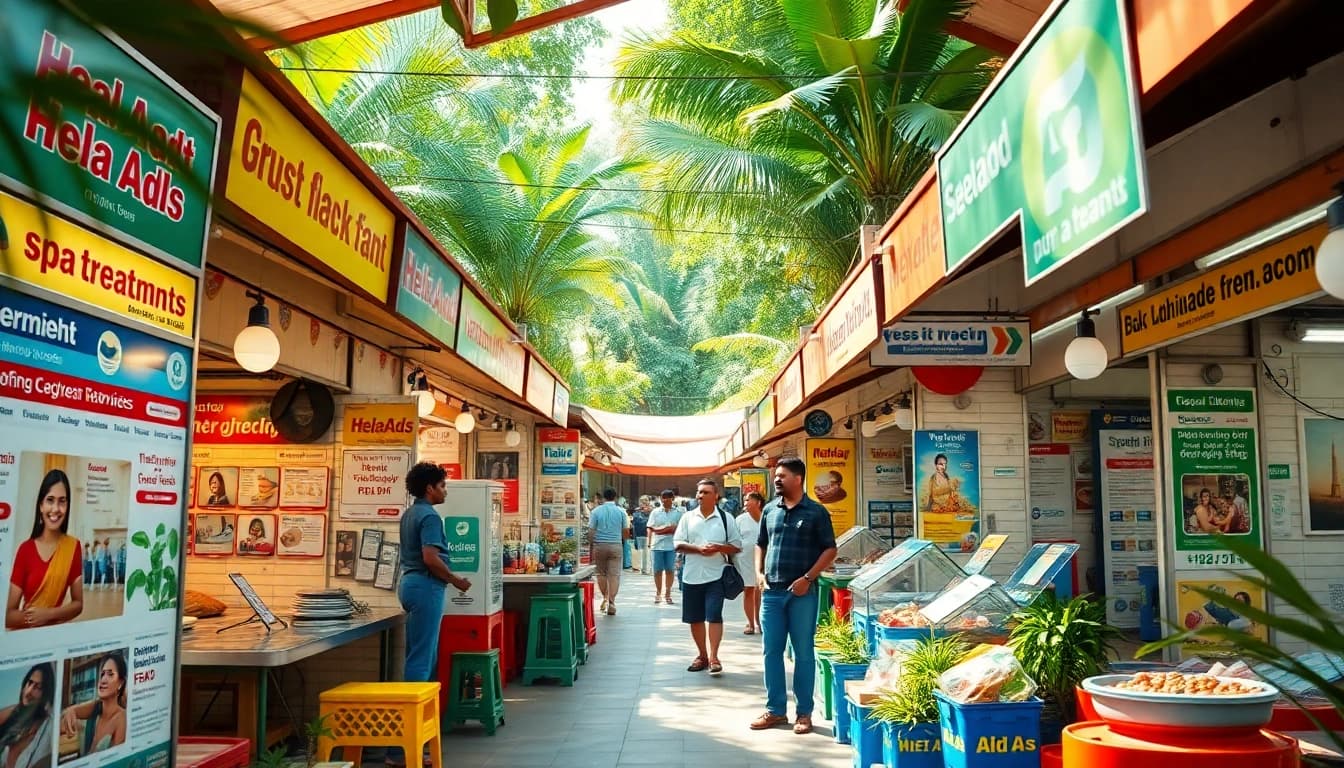 Hela Ad vibrant marketplace scene showcasing colorful services in Sri Lanka.