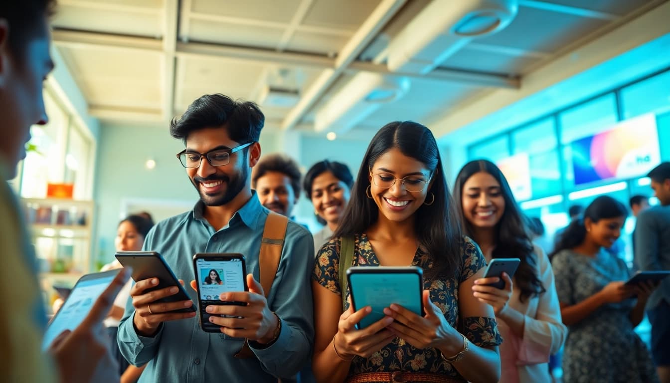 Engaging marketplace scene illustrating users interacting with Hela Ad listings for personal and spa services in Sri Lanka.