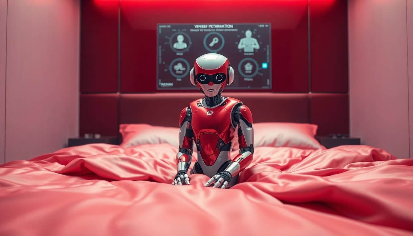 AI sex robot offering personalized interaction in a cozy, atmospheric bedroom setting.
