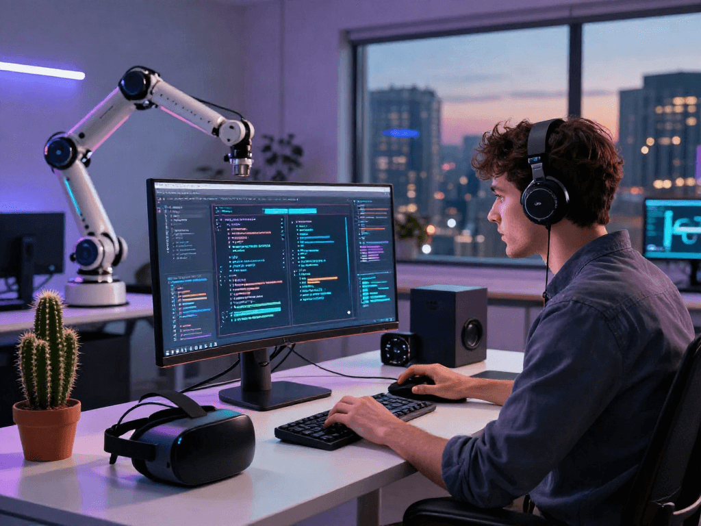 Dynamic tech workspace illustrating juicy ai in action with a developer analyzing algorithms and innovative gadgets.