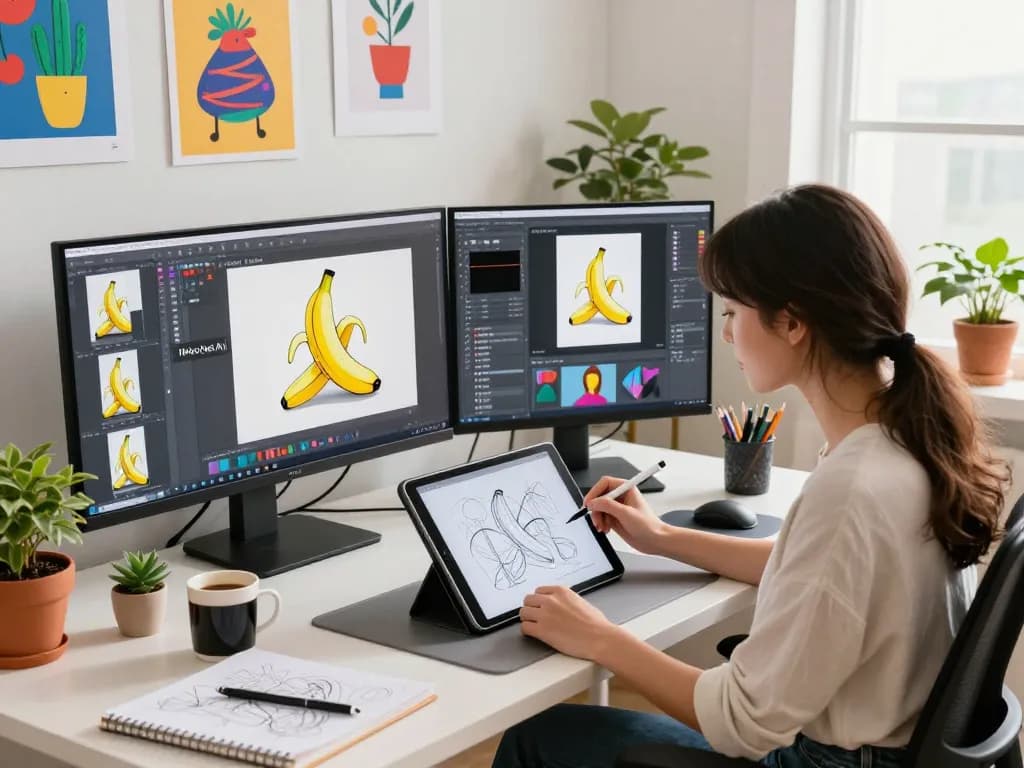 Designer using nano banana ai in a vibrant home office, showcasing creative digital workspace.