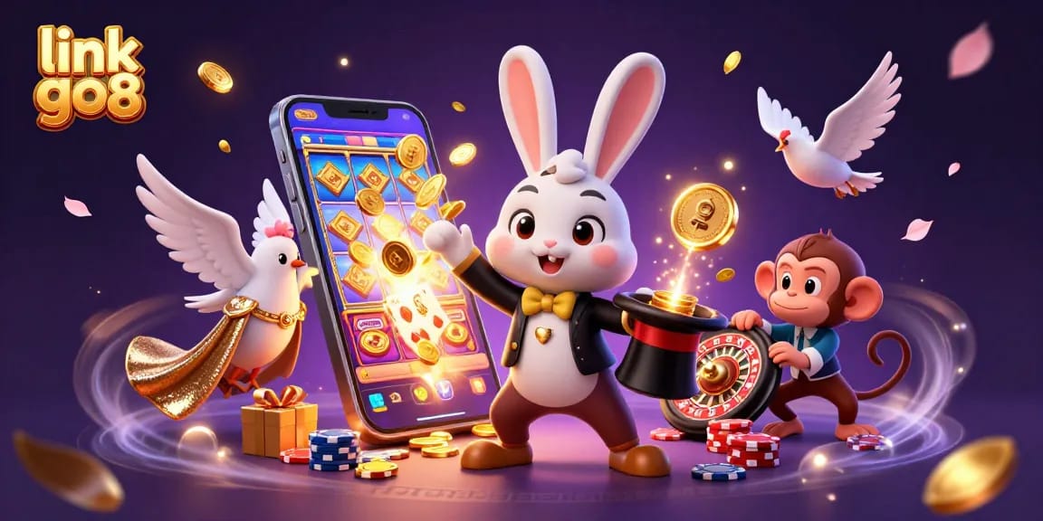 Engage with the excitement of link go8 as a magician rabbit conjures winnings in a vibrant casino scene.