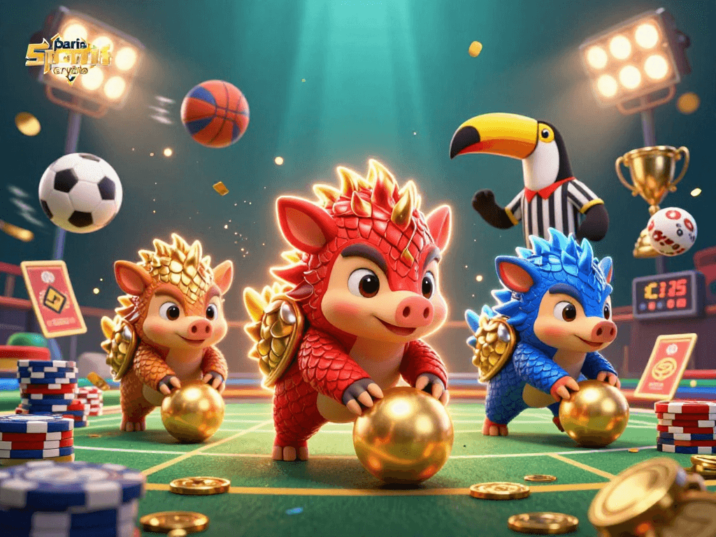 Placer des paris sportif crypto avec des pangolins rivaux dans une scène ludique et dynamique.