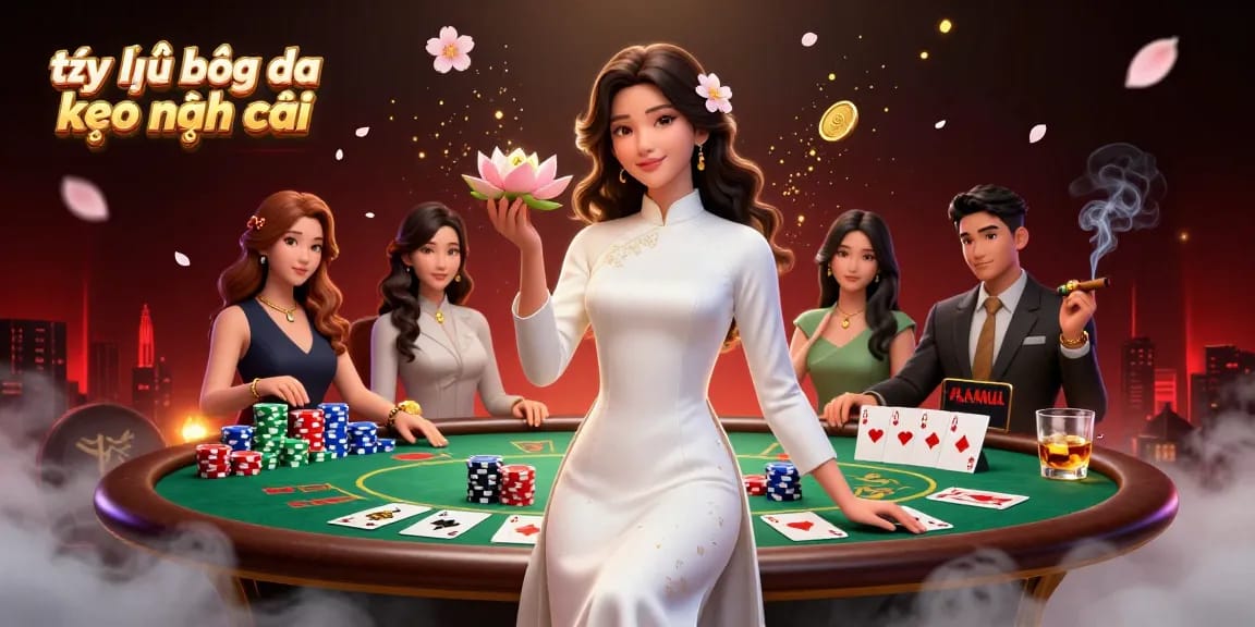 Engaging tỷ lệ bóng đá kèo nhà cái illustration featuring an elegant Asian woman with gambling elements.