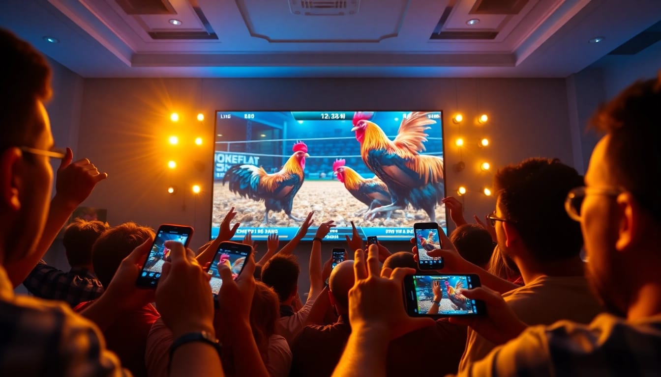 Exciting live cockfighting betting scene on sv368win.live with enthusiastic fans and digital interfaces.
