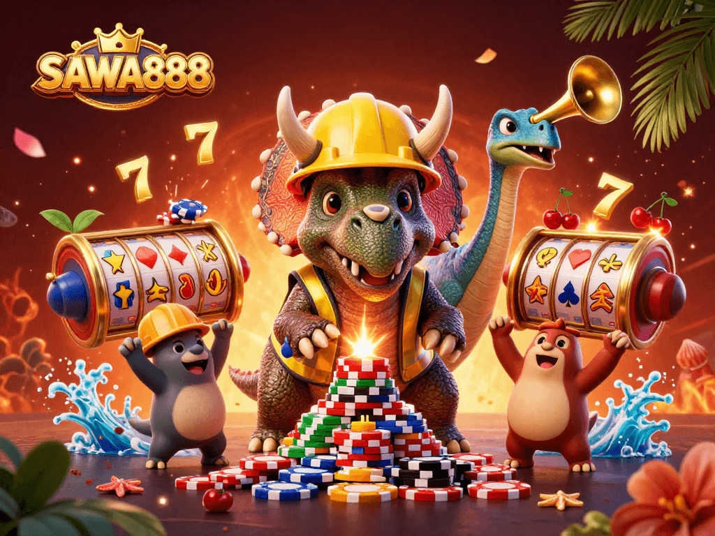 SAWA888 captivates players with a vibrant scene of cartoon dinosaurs celebrating at a casino filled with slot games.
