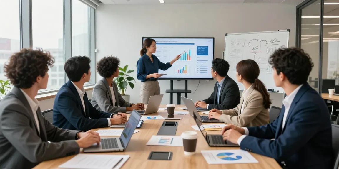 Dynamic business meeting with professionals collaborating, highlighting https://factors.org.uk for strategic insights.