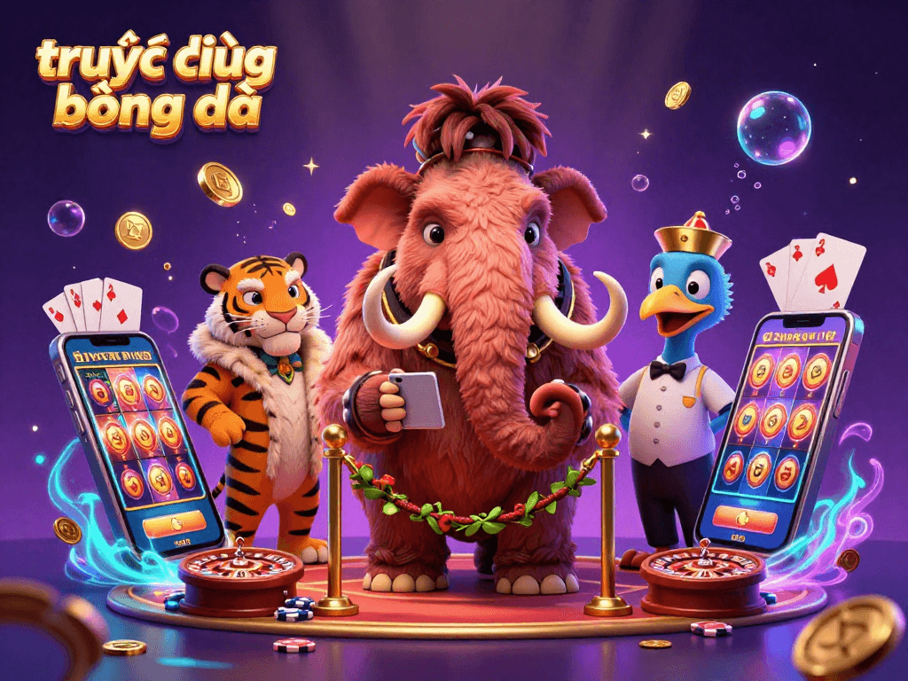 Experience trực tiếp bóng đá in a vibrant scene with cartoon mammoth bouncer and VIP saber-tooth tiger.