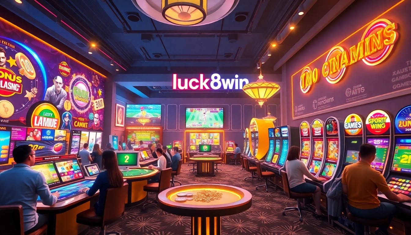 Experience immersive gaming at luck8win.live featuring casino tables, sports betting, and slot machines in a vibrant environment.