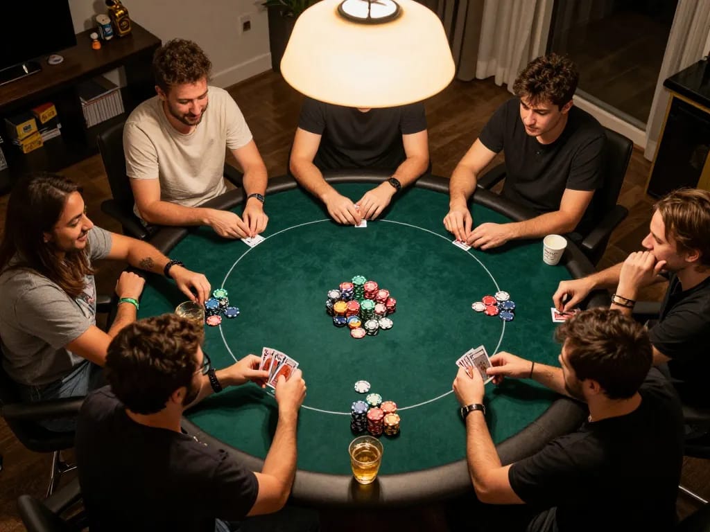 Players enjoy a thrilling poker game at home, showcasing strategic play and the camaraderie of gaming with windd.