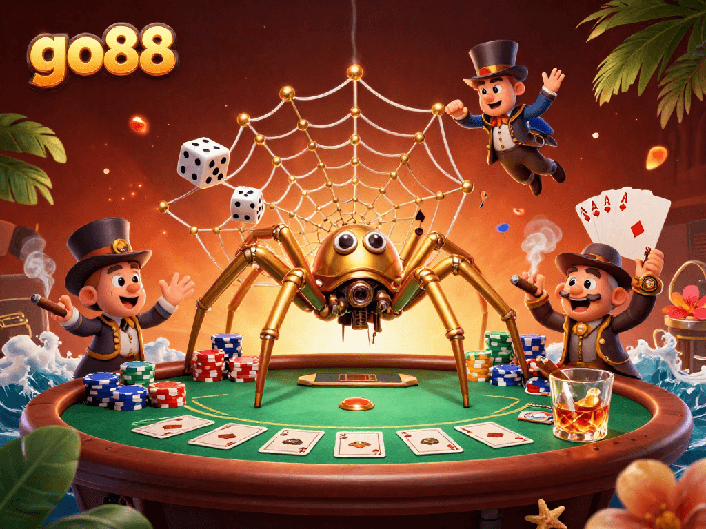 Engage with go88 as the golden spider spins a captivating web over poker chips and community cards.