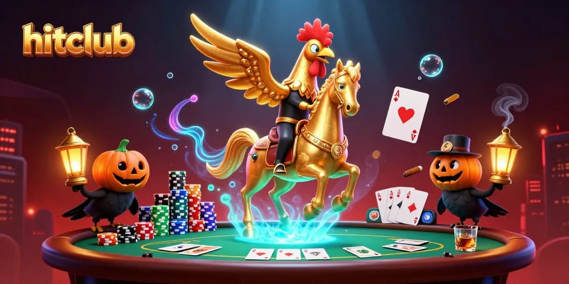 Hitclub's golden rooster illuminates the midnight casino as players bet strategically