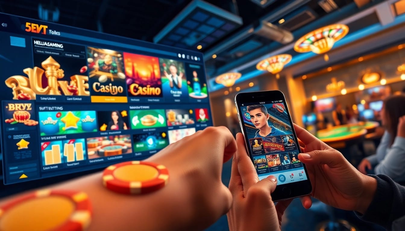 Experience the excitement of online gaming and betting at Hello88win.live, featuring vibrant visuals of casino tables and sports betting.