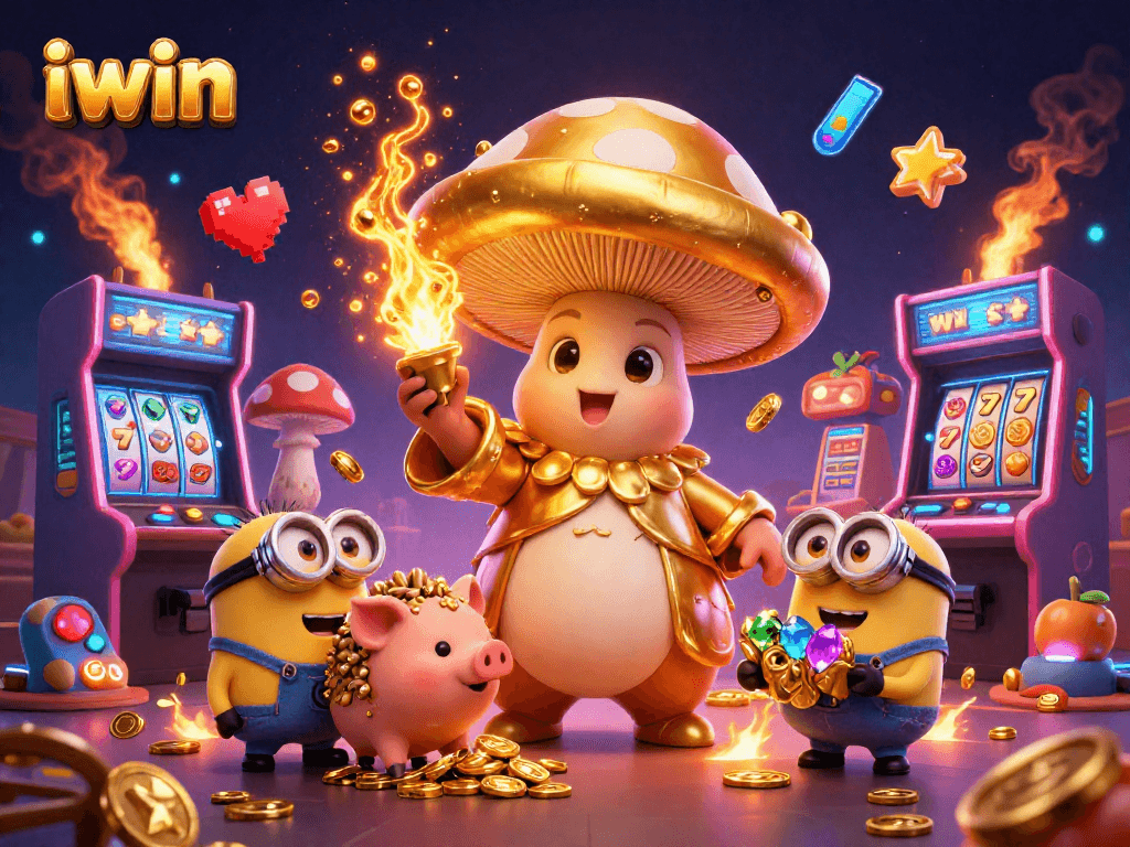 Join the iwin magic: a golden mushroom wizard and his adorable truffle pig uncovering treasures in a vibrant casino.