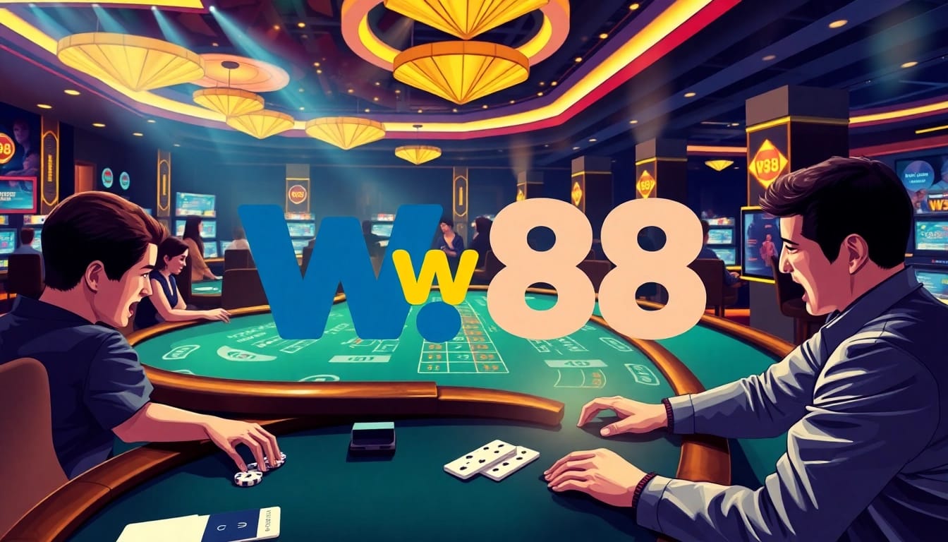 W88.nyc online casino scene with players at a Baccarat table, excitement and luxury depicted.
