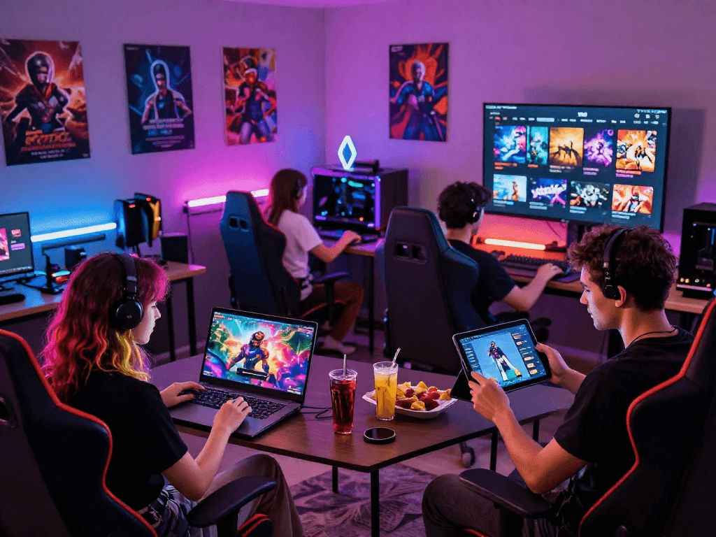 Engaged gamers enjoying diverse porn games on laptops and tablets in a vibrant gaming room.