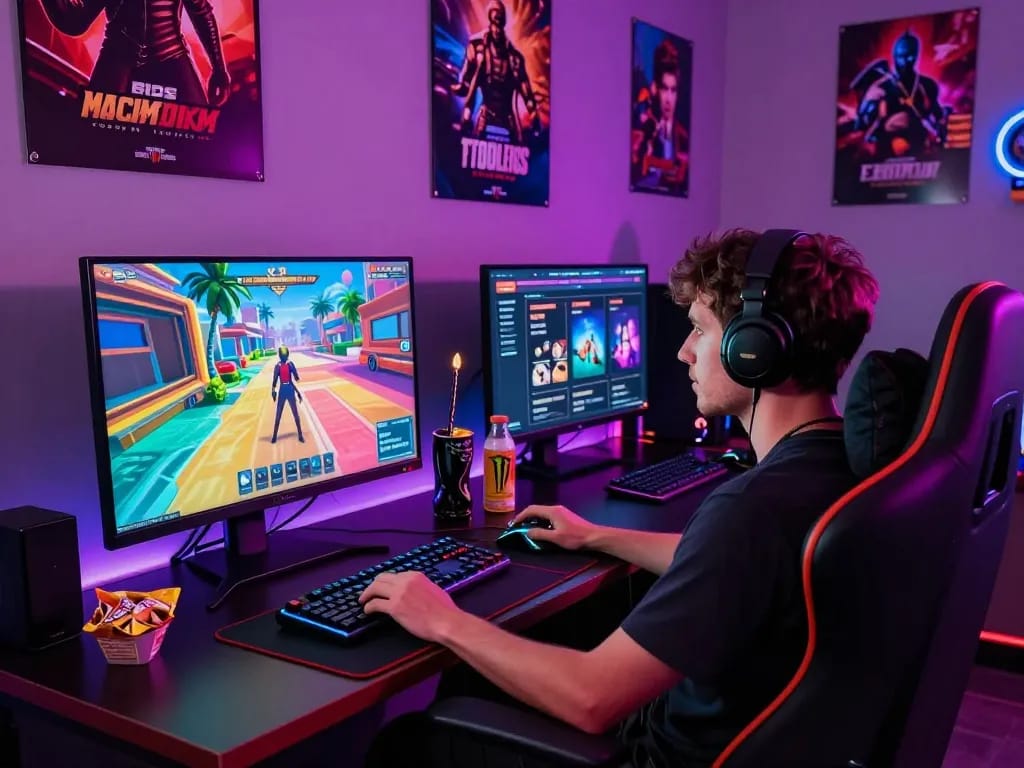 Engaged player enjoying porn games online in a vibrant gaming lounge with immersive atmosphere.