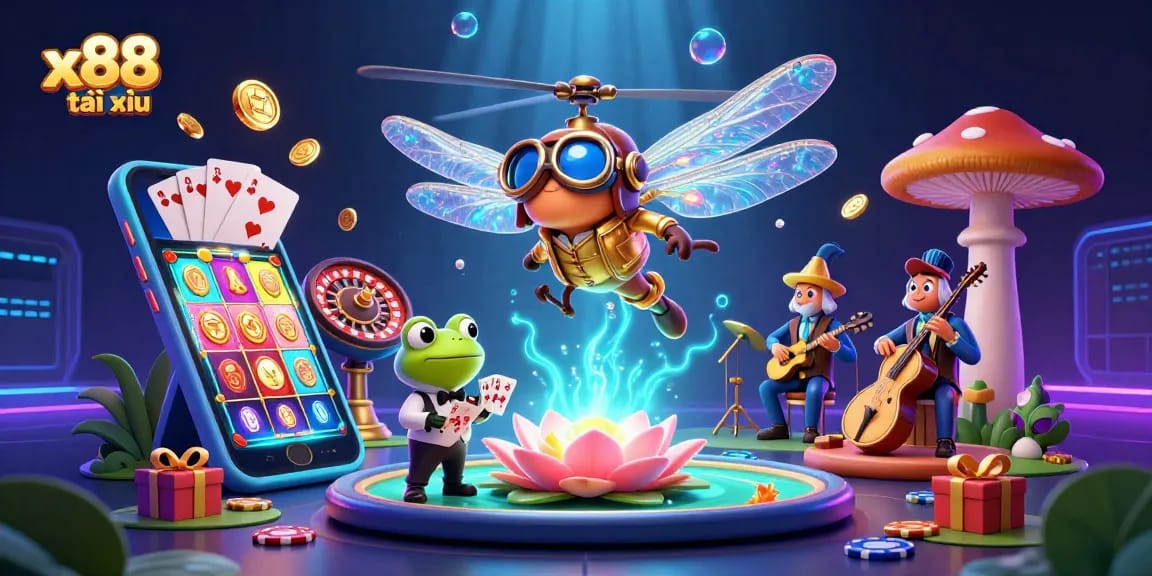 Experience thrilling x88 tài xỉu gaming with a dynamic casino scene featuring a frog croupier and captivating game elements.
