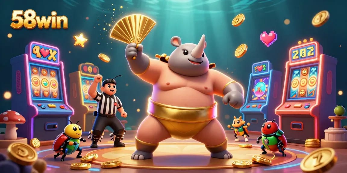 58win slot games come alive with flying coins and dynamic characters in a vibrant casino scene