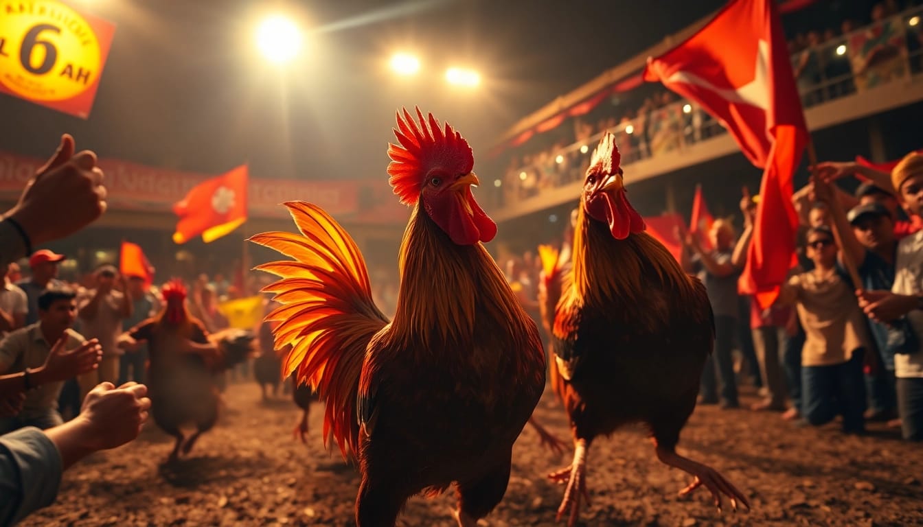 Live cockfighting action at dagawin.live, showcasing thrilling competition and enthusiastic crowd engagement.