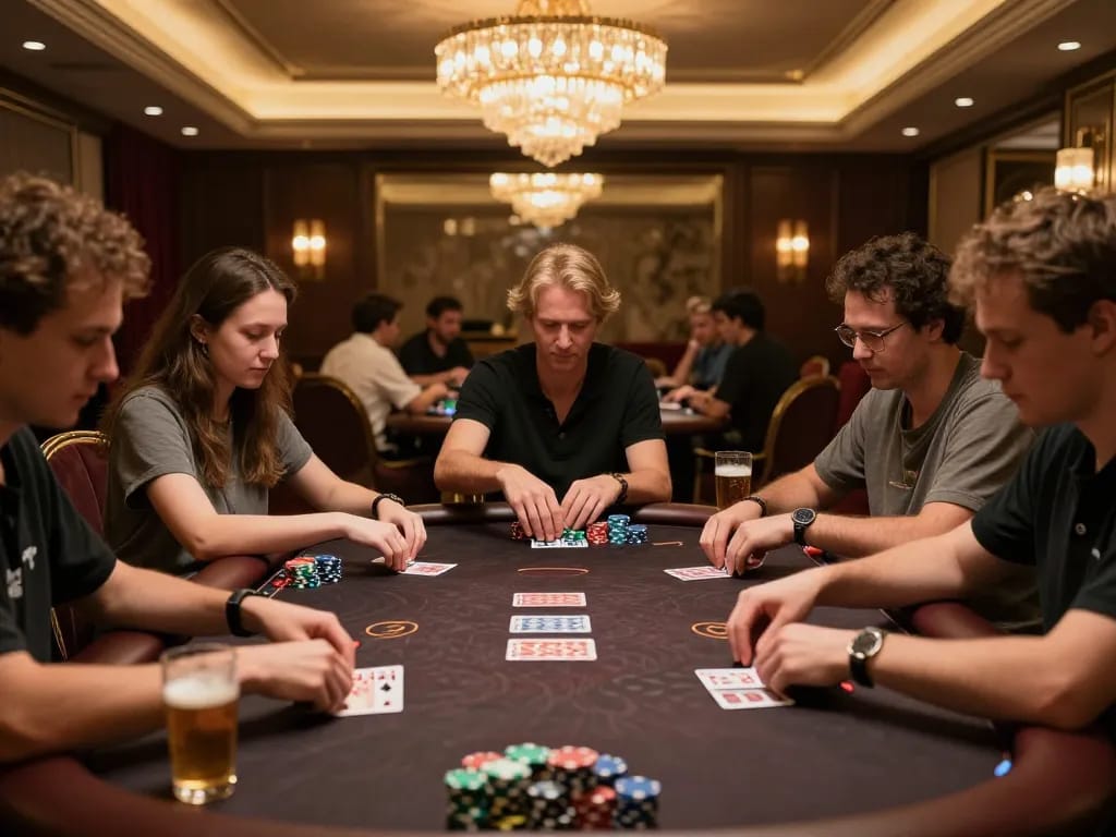 Players engaged in high-stakes poker in a VIP room, discussing 99ok lừa đảo in a strategic atmosphere.