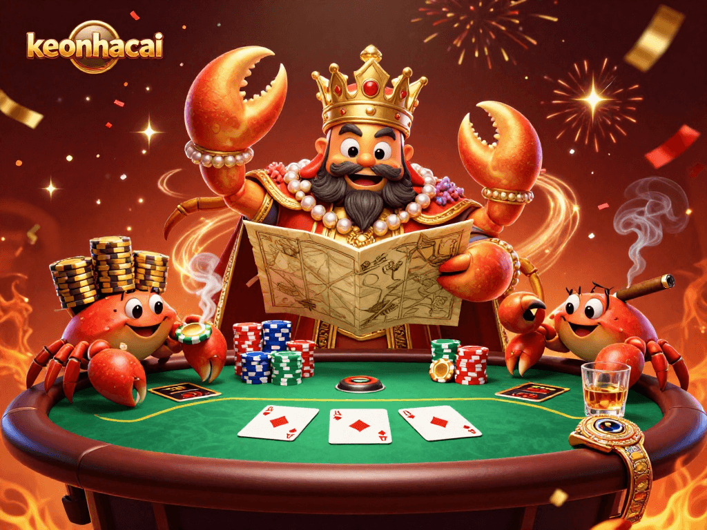 Engage in keonhacai with a 3D golden crab emperor at a vibrant poker scene.