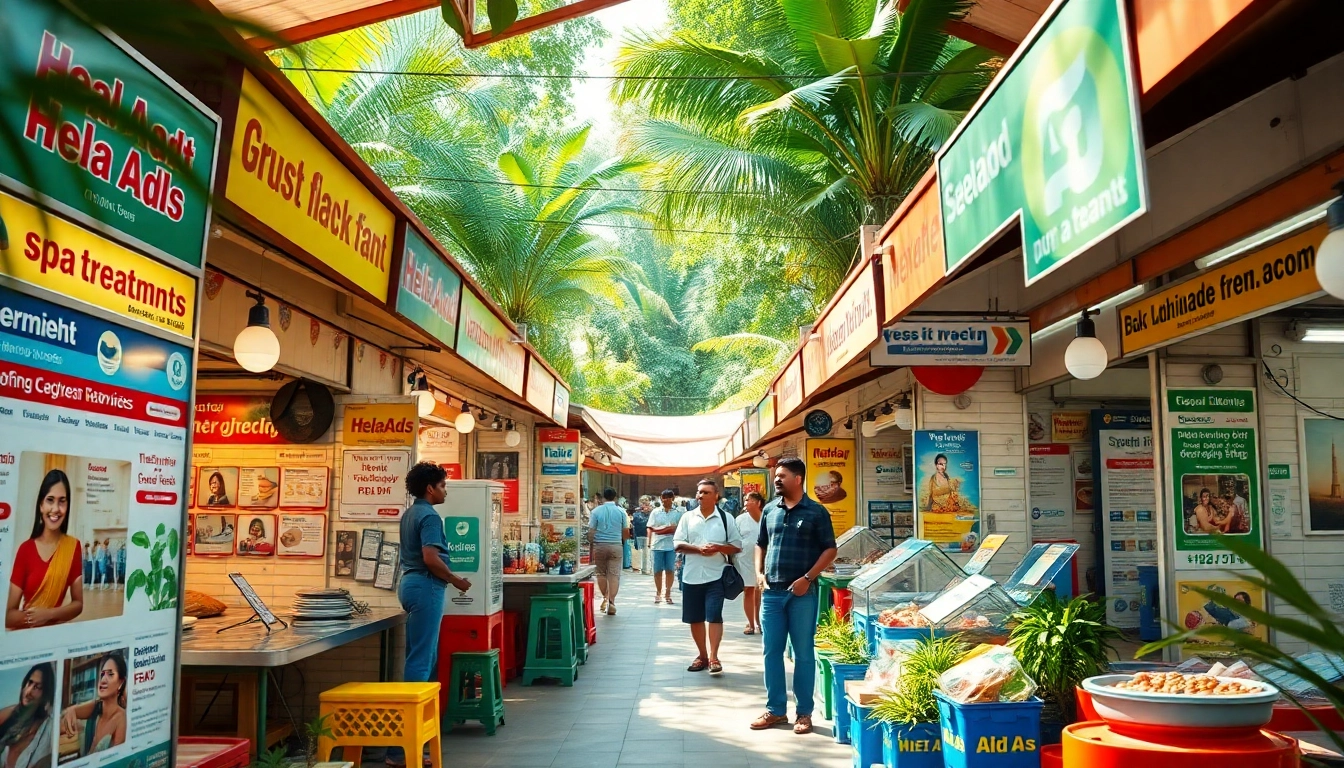 Hela Ad vibrant marketplace scene showcasing colorful services in Sri Lanka.