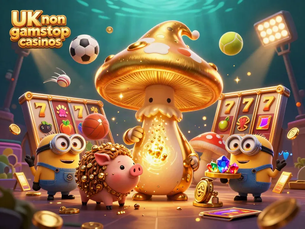 Engage with UK non gamstop casinos through a magical 3D scene with a golden wizard and treasures.