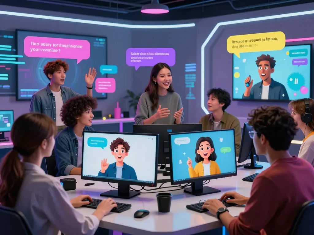 Engaging virtual chat scene illustrating sex chat ai interactions with diverse avatars and vibrant dialogue.