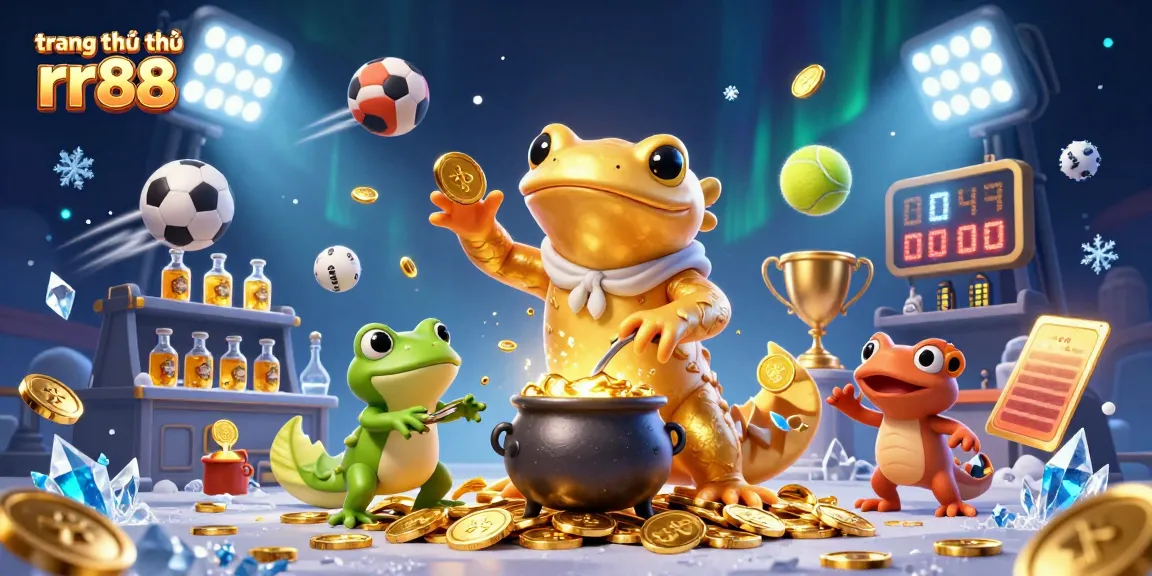 Experience the excitement of trang chủ chính thức rr88 with a lively 3D casino illustration depicting magical gold transformation and sports betting action.