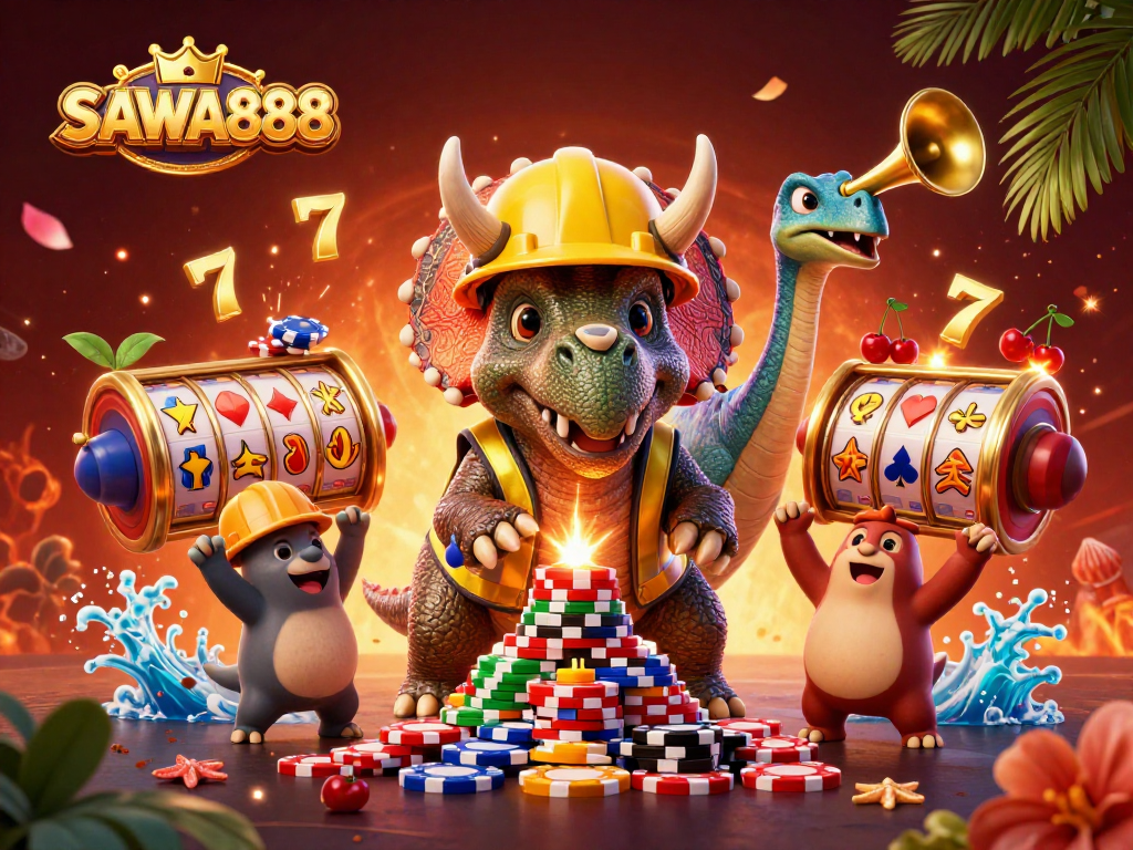 SAWA888 captivates players with a vibrant scene of cartoon dinosaurs celebrating at a casino filled with slot games.