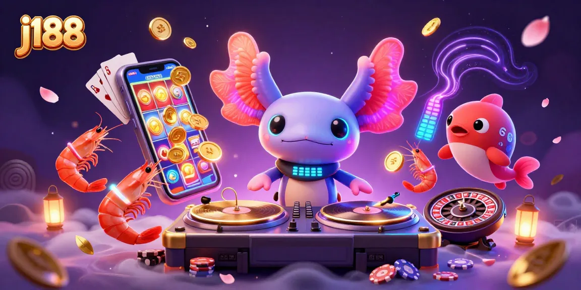 Witness j188's vibrant online gaming scene with an axolotl DJ and fun casino elements.