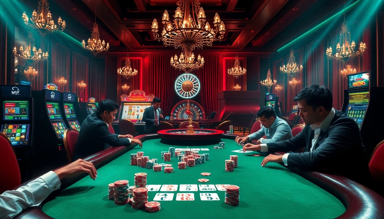 KJC liên minh casino scene with players at a poker table, chips stacked high.