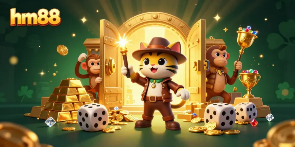 Experience the excitement of hm88 with vibrant casino treasures and lively characters discovering riches.