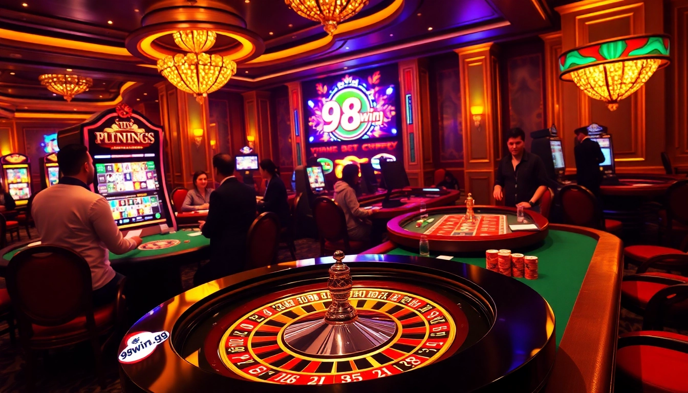 Experience thrilling games and excitement with 98win.gg's luxurious casino environment featuring poker and roulette tables.