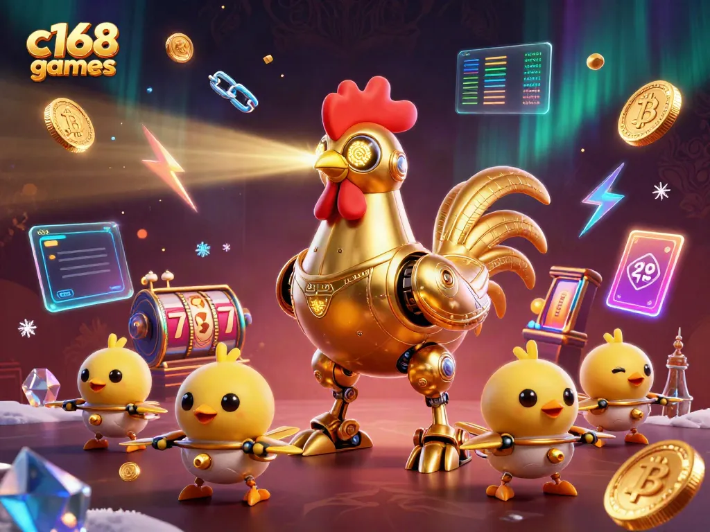 Engage in thrilling c168 games with vibrant 3D illustration featuring a golden rooster robot and casino elements.