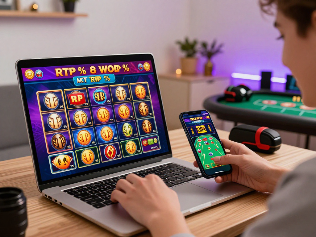 A vibrant online gaming setup showcasing the exciting world of USA casinos for UK players at https://giraffedays.com, featuring a laptop with high RTP slot games and a live dealer table.