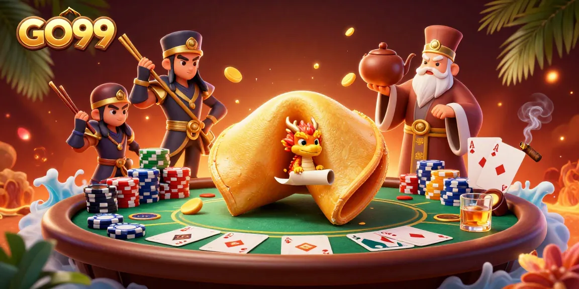 Engage in thrilling games at GO99 with a vibrant 3D illustration showcasing poker elements and lucky fortune.