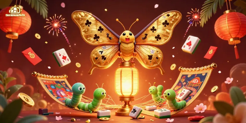 Sumseltoto showcases a vibrant cartoon scene with a golden moth and casino elements.