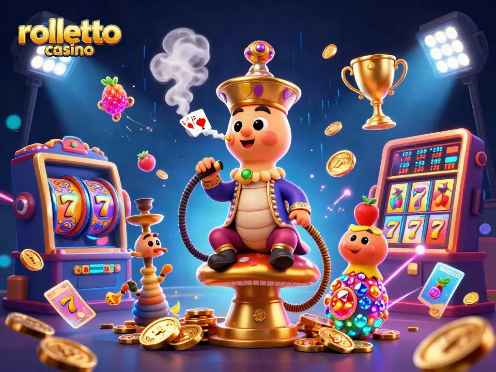 Engage with exciting action at Rolletto Casino featuring vibrant slot reels and a captivating caterpillar character.