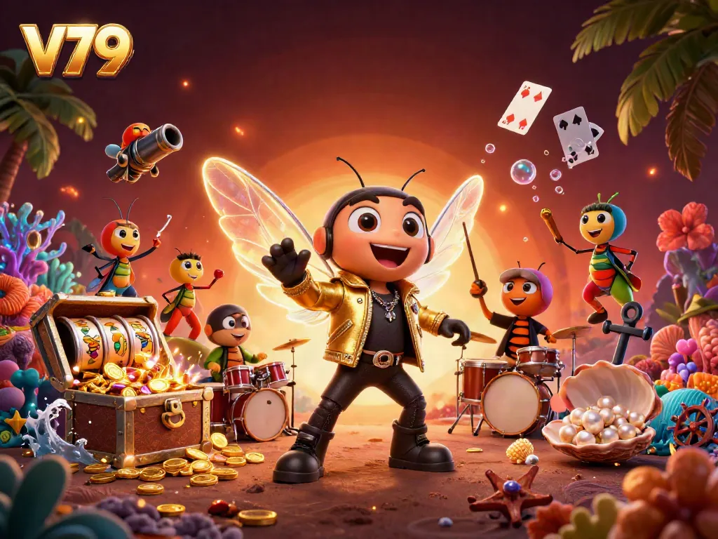 Experience vibrant V79 casino excitement with a cartoon oasis of characters, treasures, and slot games.