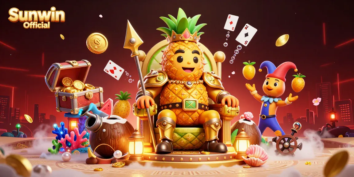 Engage with the Sunwin Official casino scene featuring the golden pineapple king, lively jester, and vibrant treasures.
