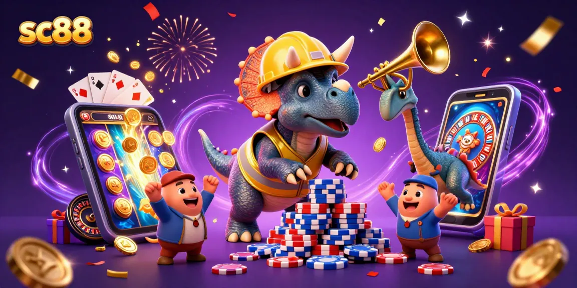Join the excitement at sc88 with a triceratops building poker chips while compys cheer!