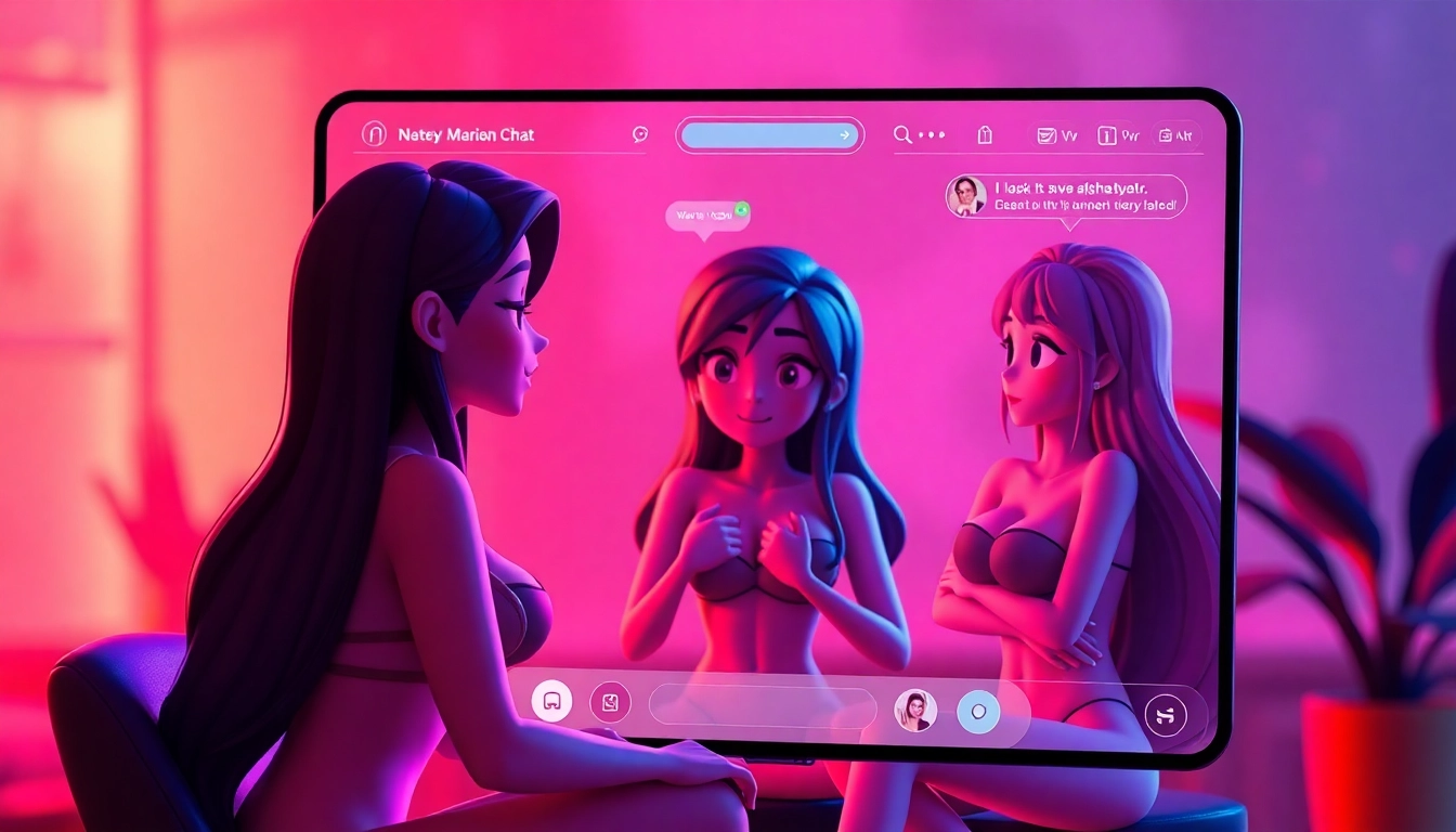 AI NSFW chat interface showcasing vibrant characters engaging in intimate conversations with a modern aesthetic.