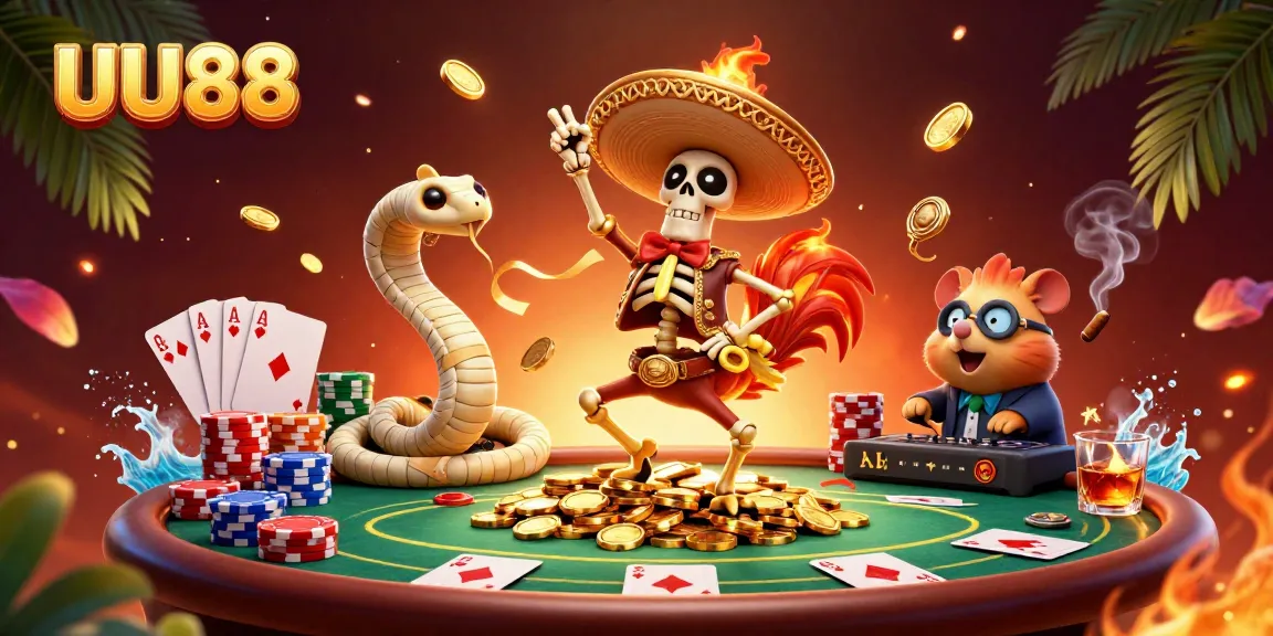 UU88 showcases a vibrant 3D casino scene with characters engaged in festive gambling activities.