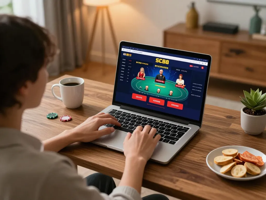 Engaged player exploring SC88 casino games on a laptop, enjoying a cozy home atmosphere.