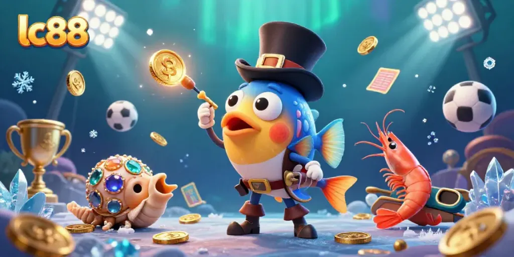 Engage with exciting casino adventures at lc88, featuring vibrant characters, glowing coins, and sports elements.