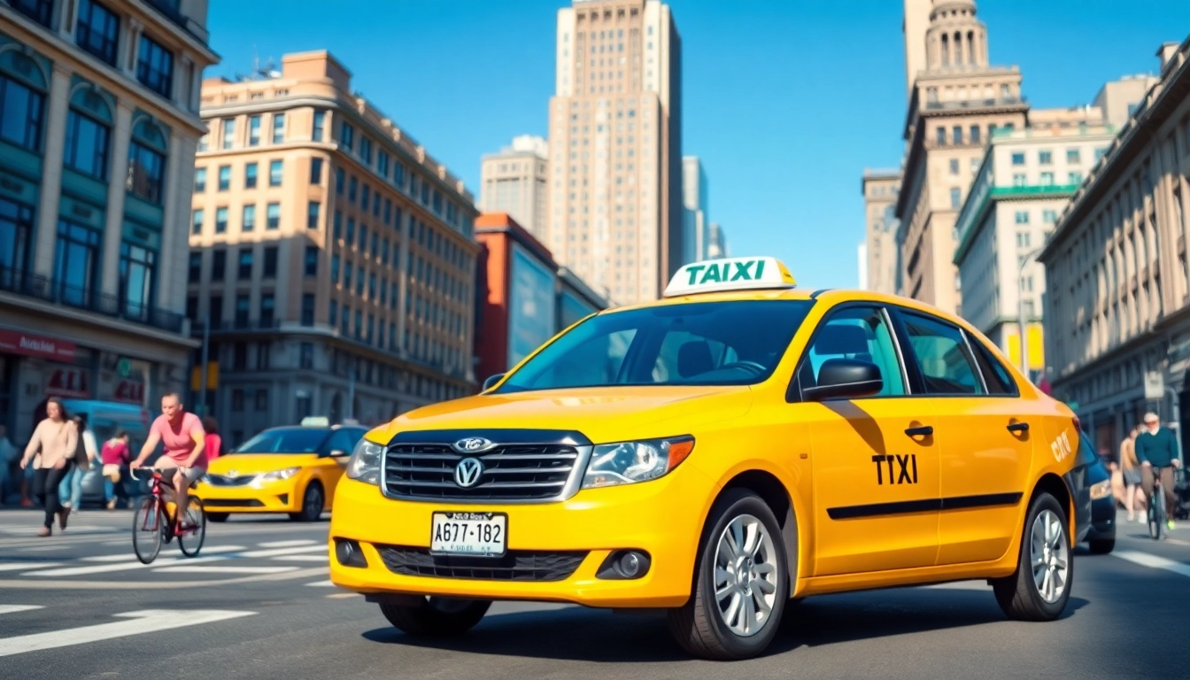 Modern taxis navigating a busy urban environment filled with pedestrians and cyclists.