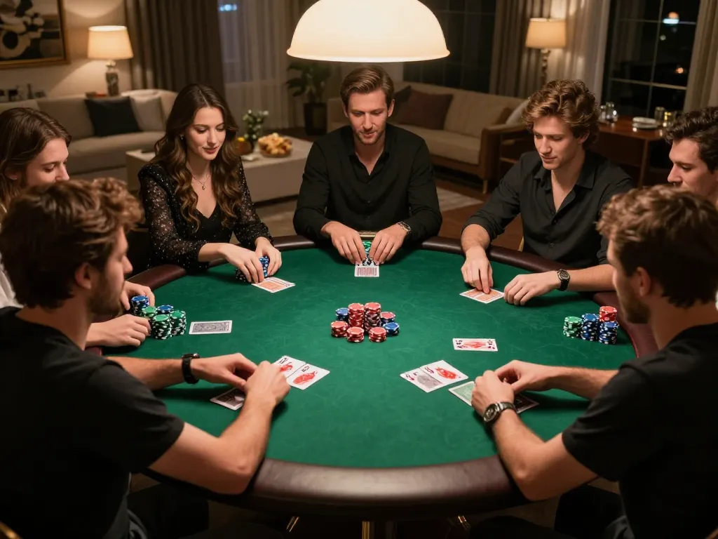 Players engaging in a thrilling poker game at home, emphasizing 888b strategic gaming atmosphere.