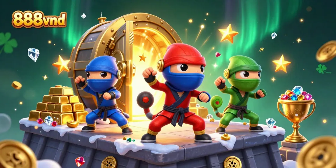 Engage with 888vnd's vibrant 3D chameleon ninja team showcasing thrilling casino action.